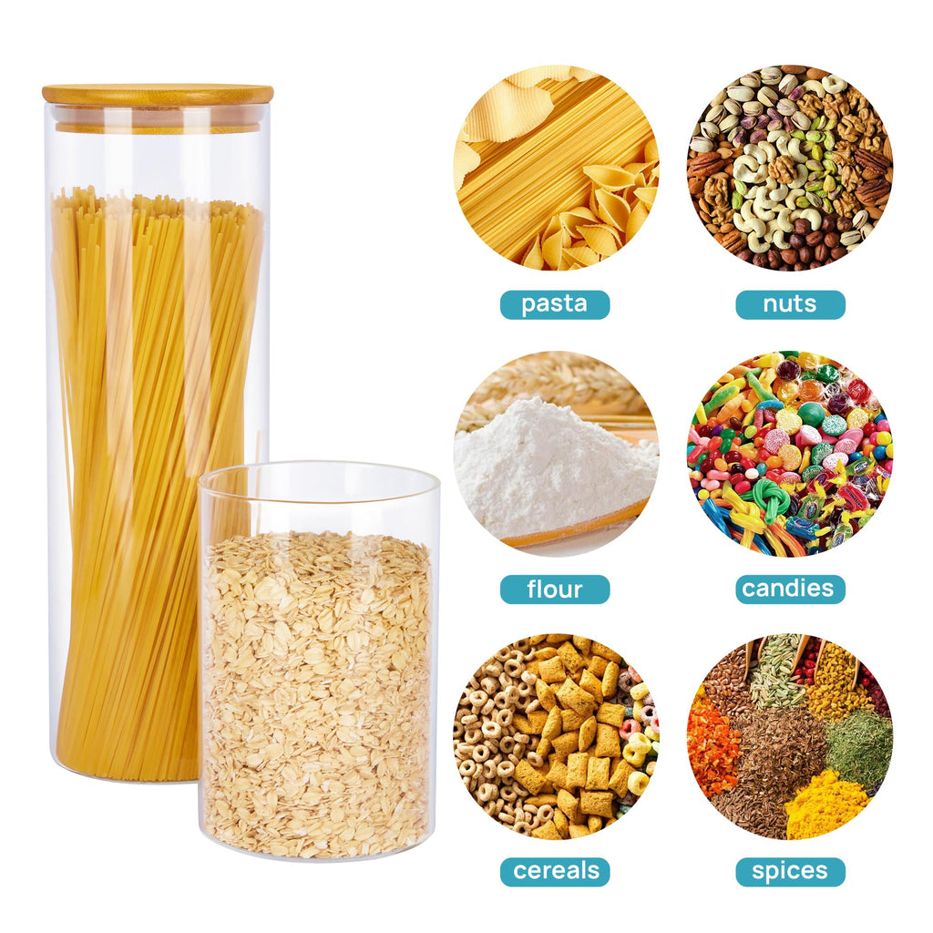 Glass Food Storage Jars, 7 Pack Kitchen Containers with Airtight Bamboo Wooden Lids for Pasta, Cookies, Nuts, Coffee