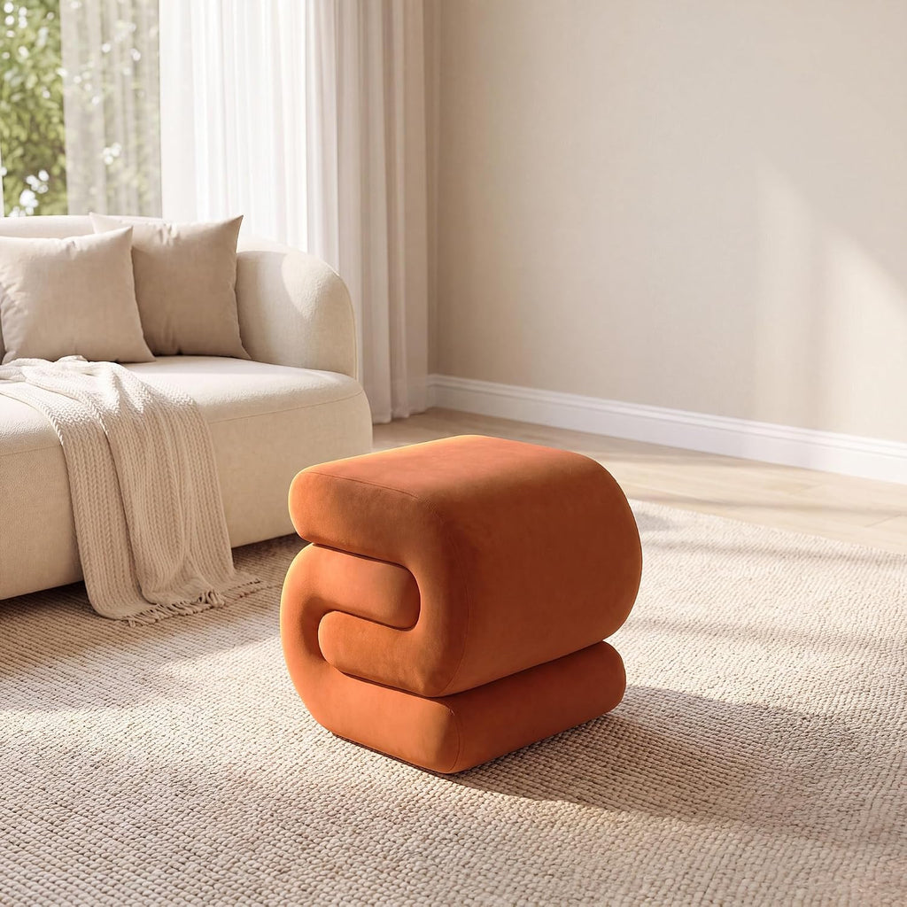 S Shape Modern Pouf Ottoman Vanity Stool, Velvet Orange | Footstool with Sponge Filling, No Assembly Required, Soft