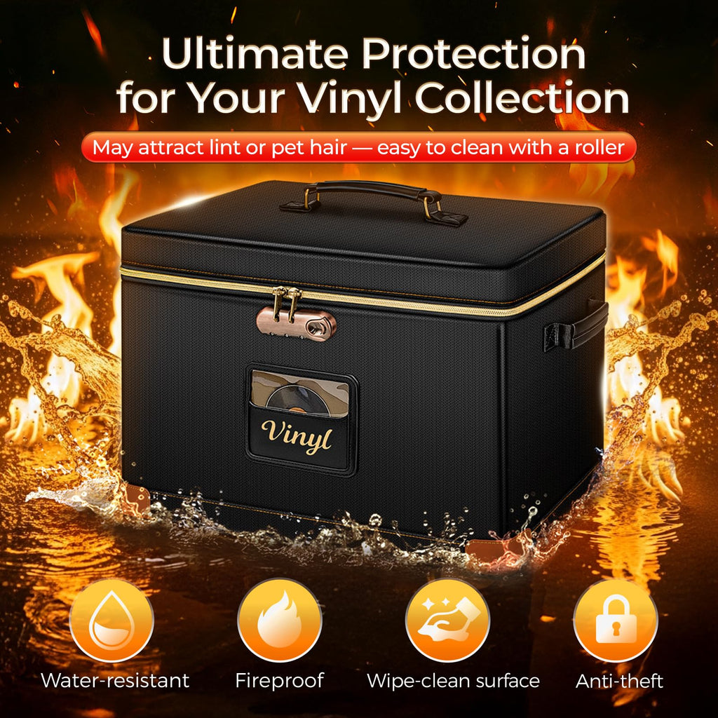 Vinyl Record Storage Box with Lock, Fireproof & Water-Resistant