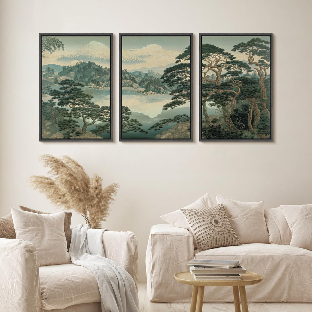 Framed Canvas Print Wall Art Set Mount Fuji Pine Tree Illustrations Fine Art Decorative - 24"x36"x3 BLACK