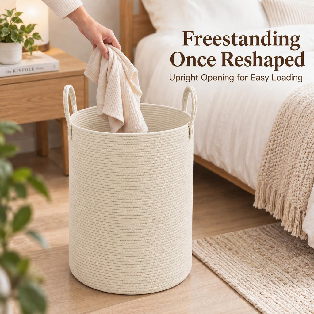 80L Cotton Rope Laundry Basket Hamper, Beige