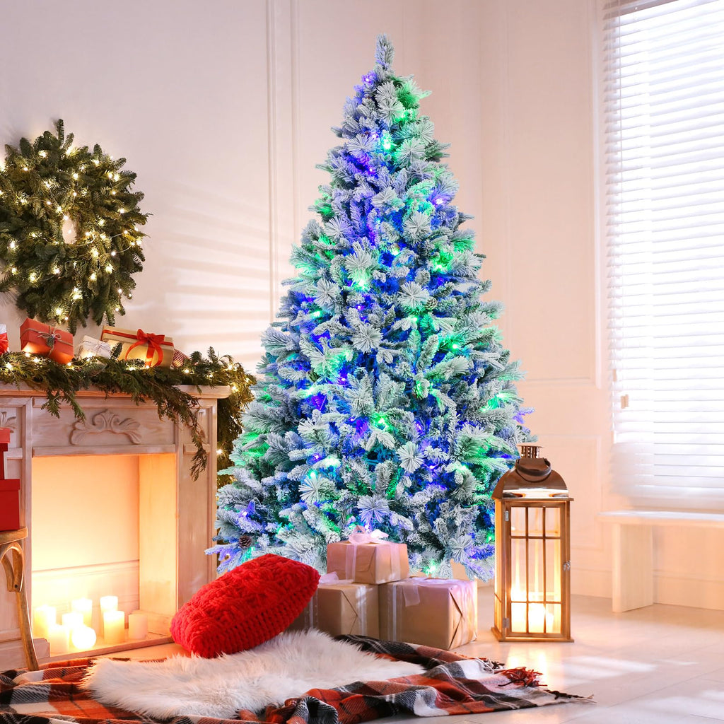 7ft Pre-Lit Snow Flocked Christmas Tree, Artificial Hinged Xmas Tree with 320 Multi-Color LED Lights, 8 Lighting