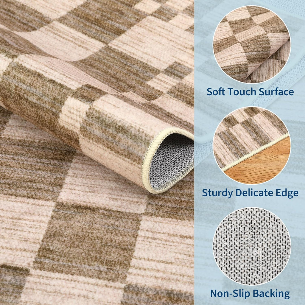 2x6 Kitchen Runner Rug Non Slip Washable Runner Rug | Brown Checkered Rug Soft Low-Pile Geometric Tan Print Modern