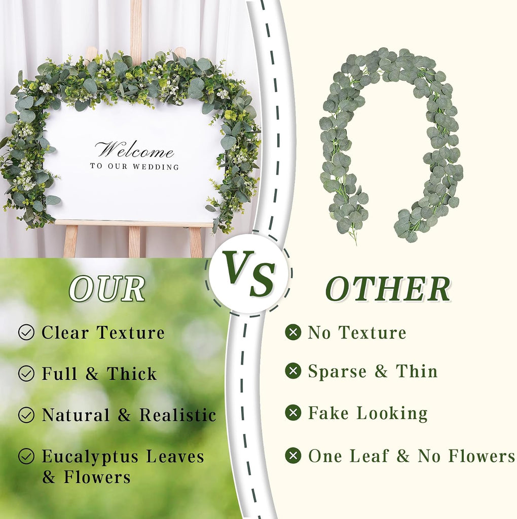 Artificial Eucalyptus Garland with White Flowers,5.9FT Greenery Garland Fake Vines Hanging Green Garlands - Set of 4