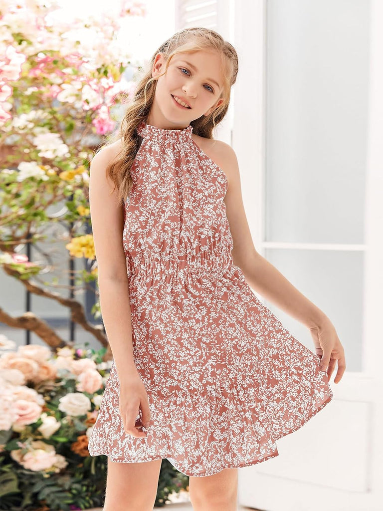 Floral Dresses Kids Summer Casual Halter Sleeveless Dresses