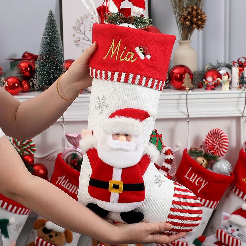Christmas Family Stockings with Embroidery Names, 3D Xmas Characters Santa,Snowman,Reindeer & Penguin , Fireplace