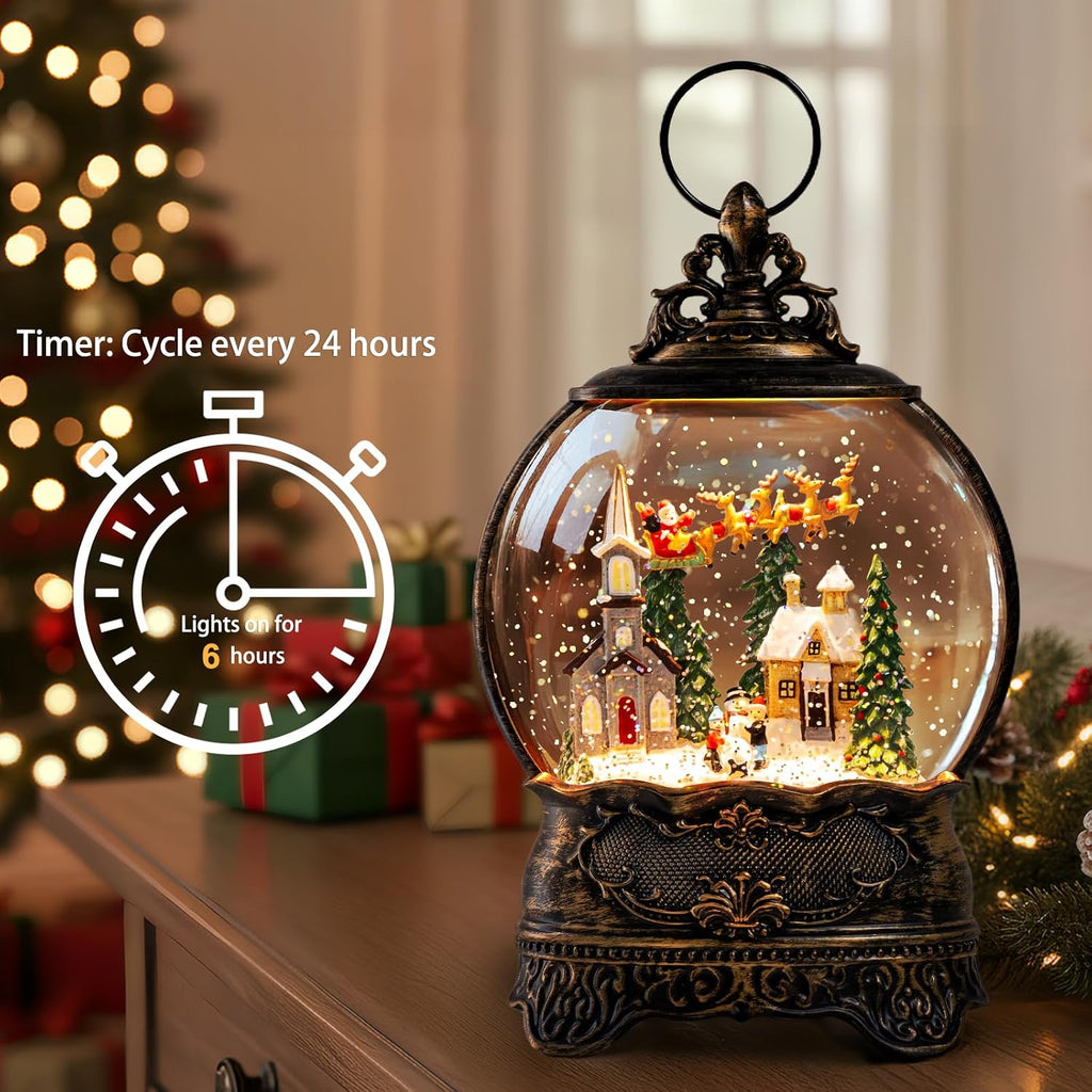 Christmas Snow Globes Lantern Snow Globe with Music Water Lantern Santa Flying Scene Elk Lighted Swirling Water