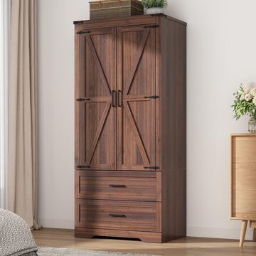 2 Doors Wardrobe Armoire Closet with Doors and Drawers, Farmhouse Wooden Armoire Storage Cabinet with Shelves &