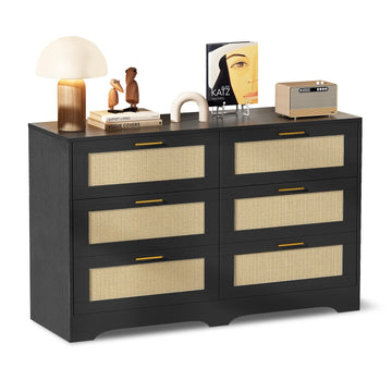 6 Drawer DresserBlack, Chest of Drawer, Wood Storage Boho Dresser with Golden Handles, Beside Table for Closet