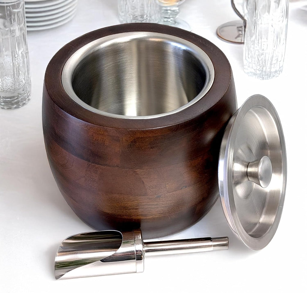 Iceberg 2.3 Quart Ice Bucket with Lid & Scoop - Mango Wood Ice Bucket with Stainless Steel Liner, Airtight Sealed