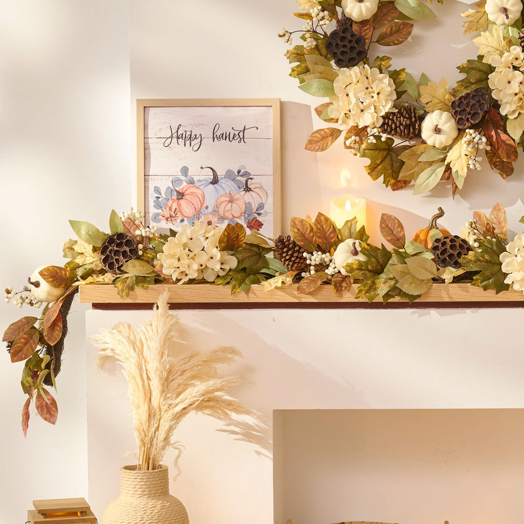 DecorbyHannah 6ft Fall Garland for Mantle with Lights &Pumpkin Maple Leaves