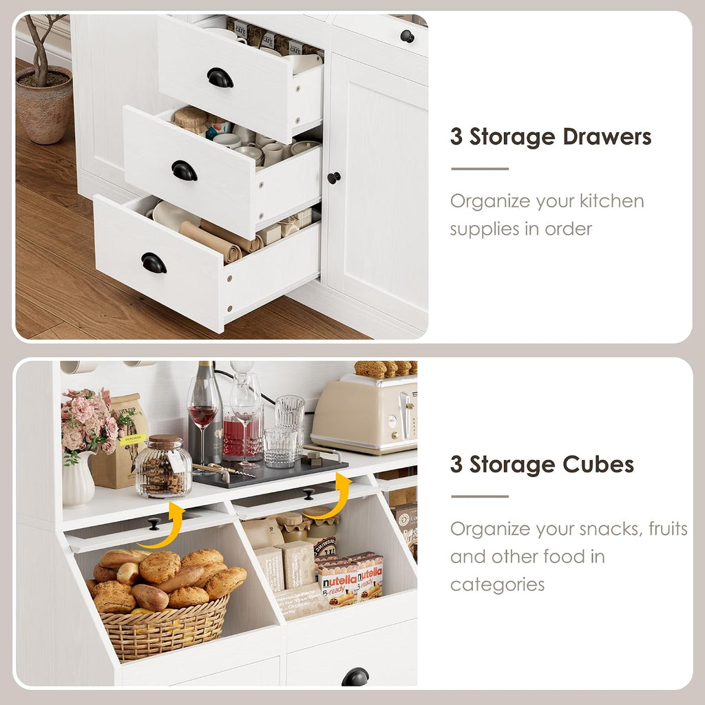 71.4" H Kitchen Hutch Pantry Cabinet with 3 Bread Boxes&7 Metal Hooks | Farmhouse Kitchen Hutch Cabinet with Storage