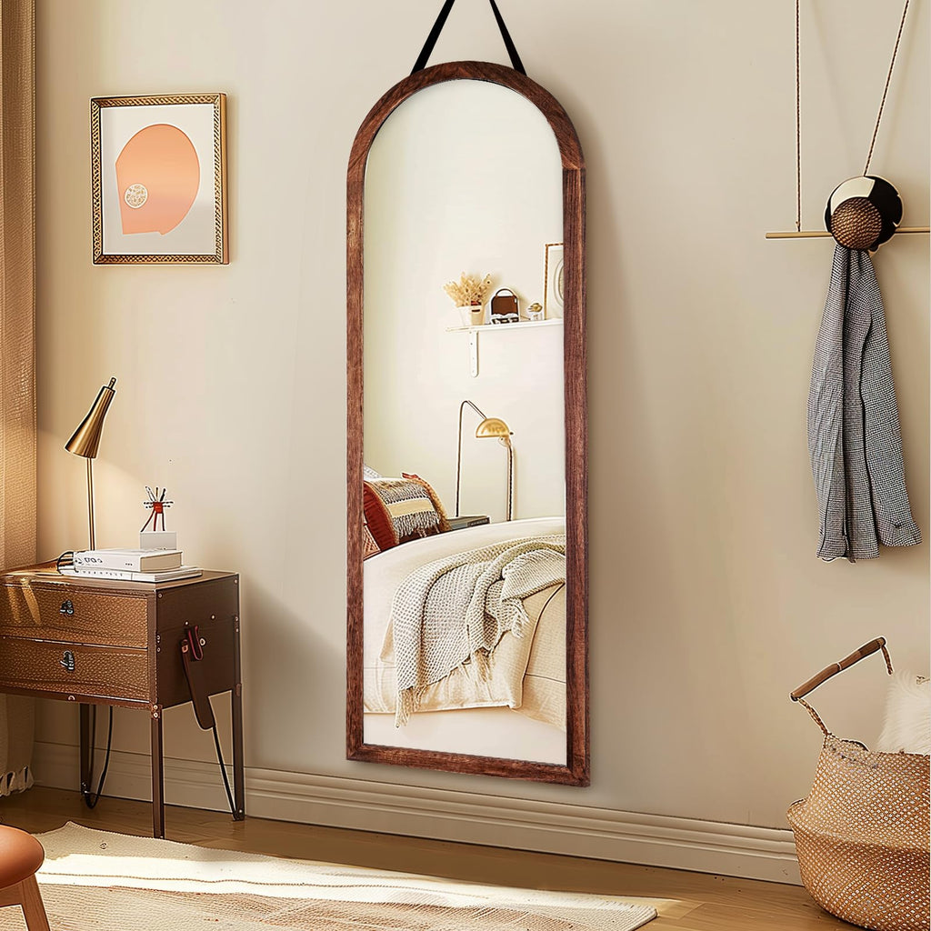 48x16in Arched Full Length Mirror Solid Wood Frame, Brown