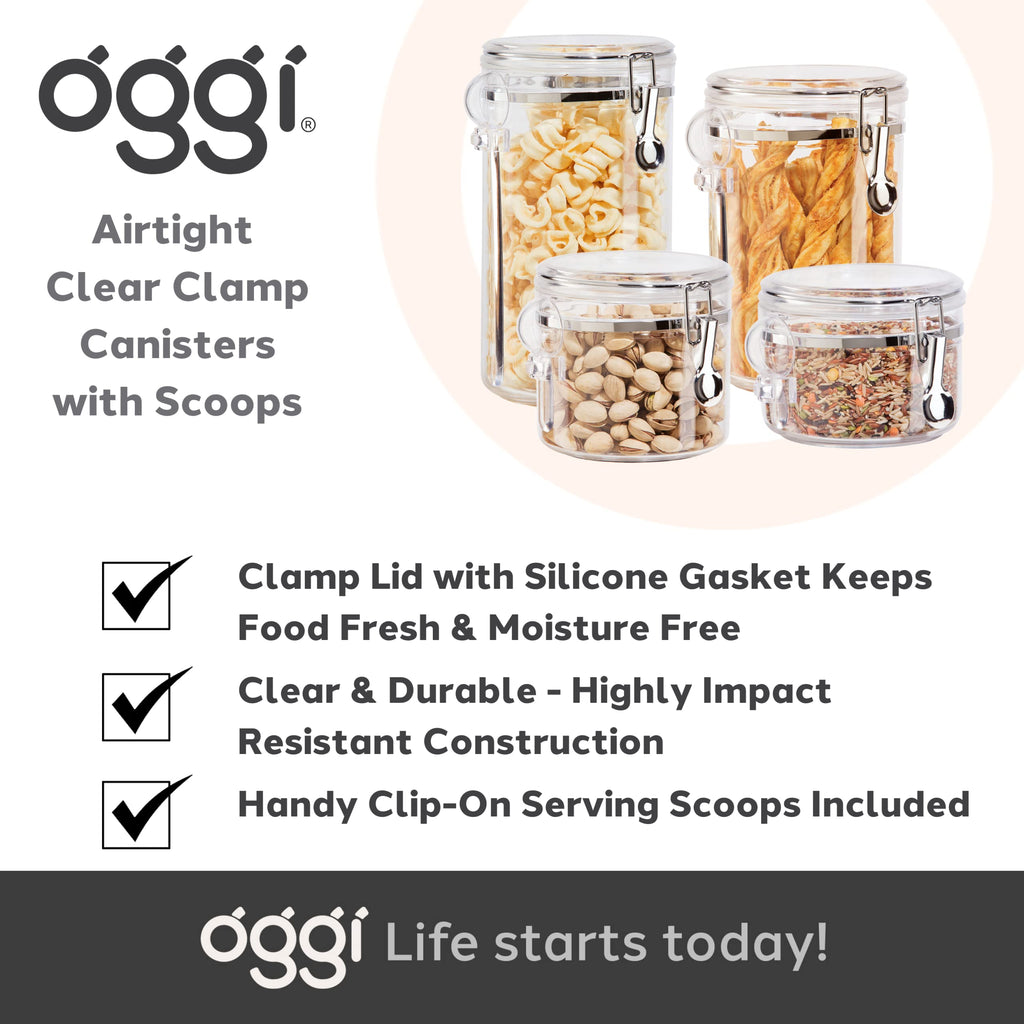 Clear Canister Airtight 72oz - Clamp Lid & Spoon - Airtight Food Storage Container, & Pantry Storage of Bulk, Dry