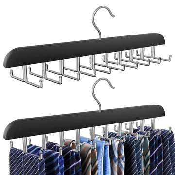 Tie Rack Hanger for Closet, 2 in 1 Belt Tie Hangers with 20 Folding Hooks, 360 Degree Rotating Wooden Tie Holder