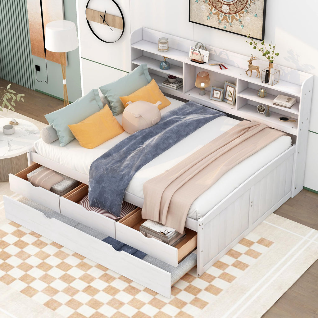 Full Size Daybed, Wooden Captain Bed with Built-in Bookshelves, Full Daybed with 3 Storage Drawers and Trundle, White