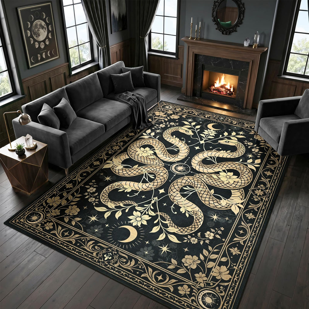 6x9 Washable Snake Rug, Gothic Large Carpet Black