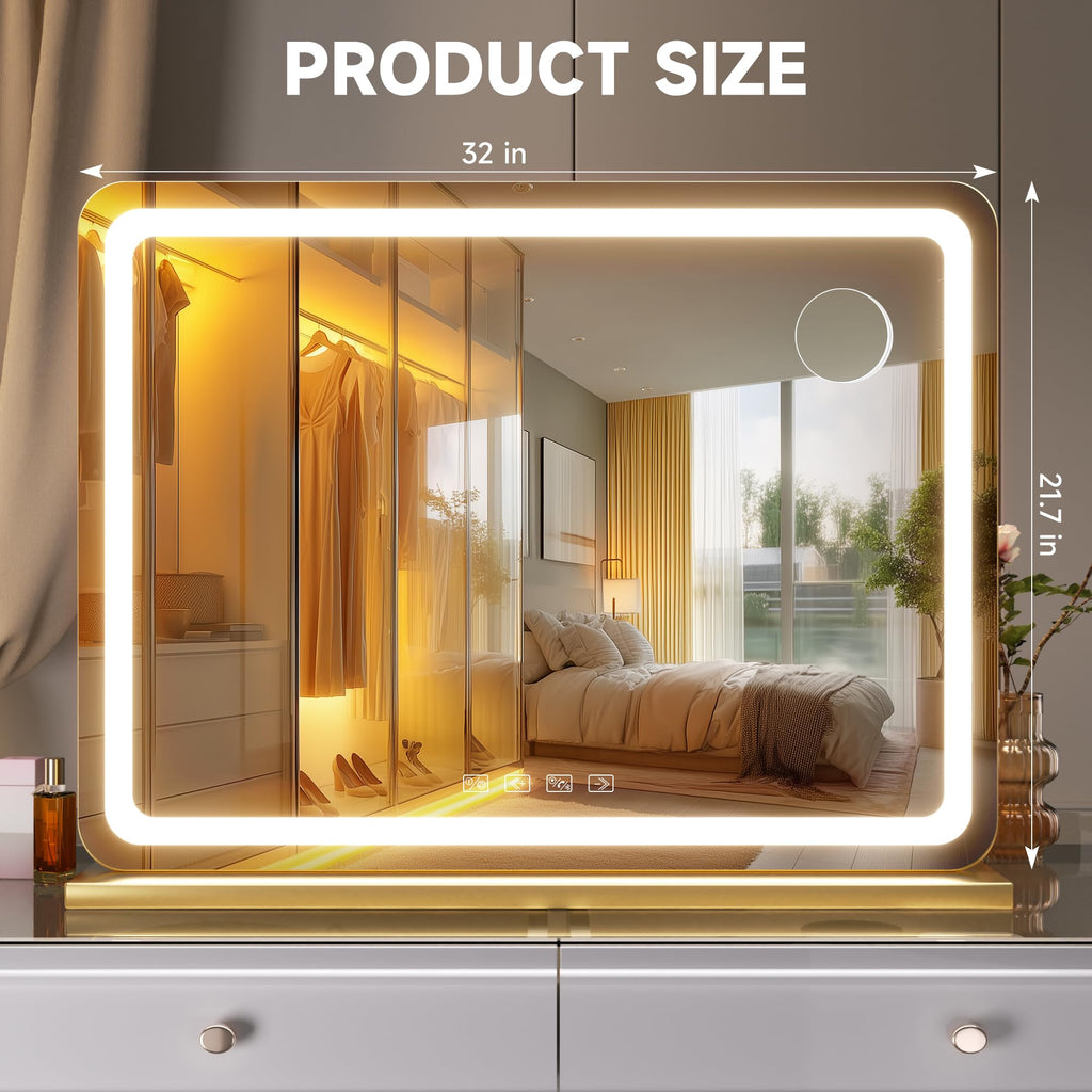 Vanity Mirror with Lights and Bluetooth Speaker, 32" x 21.7" LED Makeup Mirror, Lighted Makeup Mirror with Dimmable 3