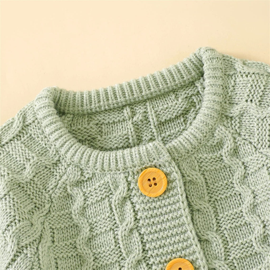 Baby Cable Knit Romper Set Front‐Button Jumpsuit with Pom‐Pom Beanie