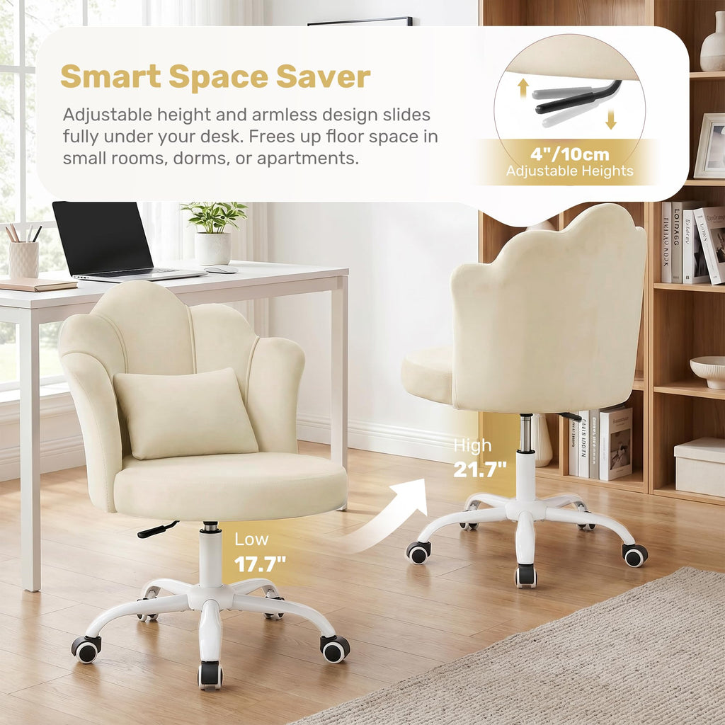 Oatmeal Vanity Chair with Wheels, Petal Velvet Armless Desk Chair