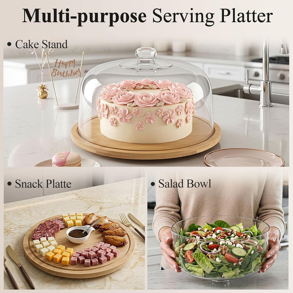 2 IN 1 Cake Stand with Dome Lid,360° Rotation,12" Round Cake Holder