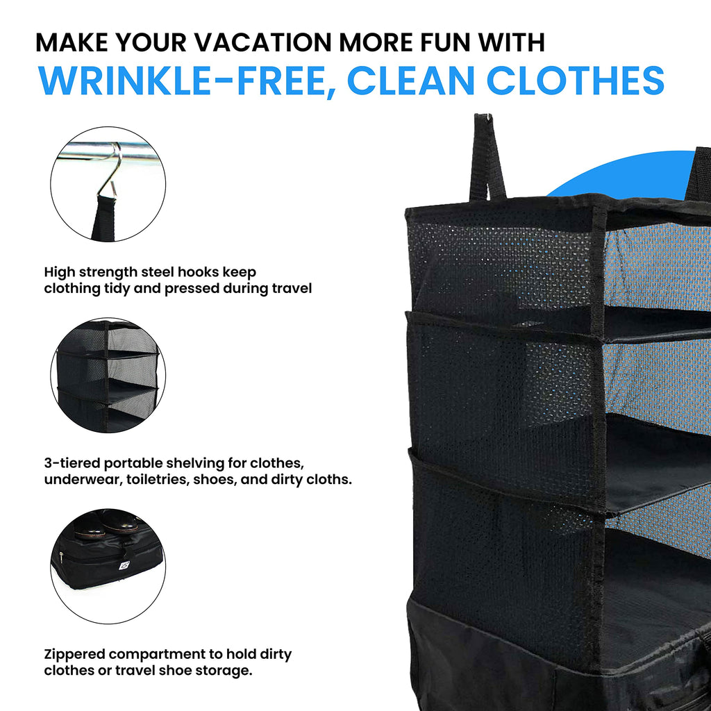 Fusion Stow-N-Go Hanging Travel Shelves, Packing Organizer for Luggage. Carry on Closet for Suitcase. Expandable