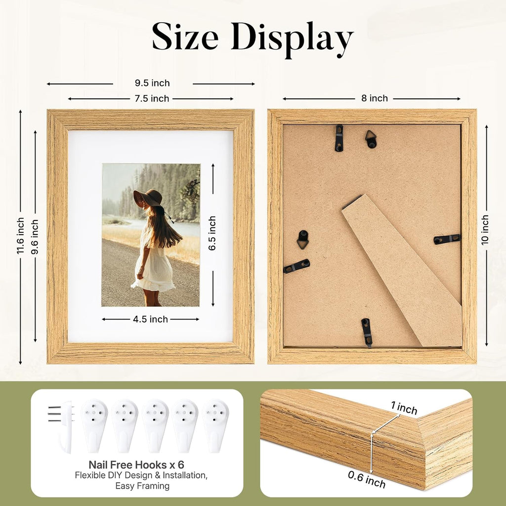 8x10 Picture Frame Set of 3, Tempered Glass, Natural Oak | Solid Wooden Photo Frame, Fits Photo 8x10 without Mat or