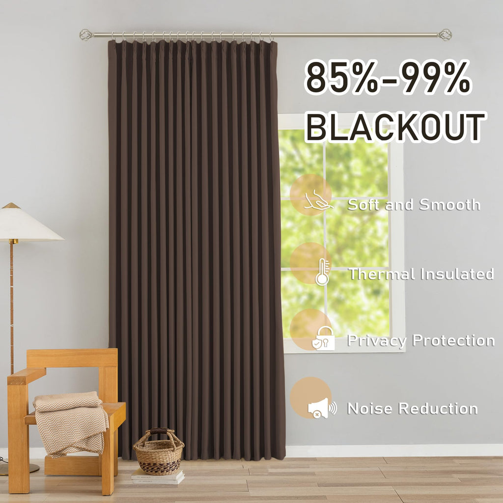 Brown Pinch Pleated Blackout Curtains with Hooks - 144 inches Extra Long Room Darkening Thermal Insulated Window