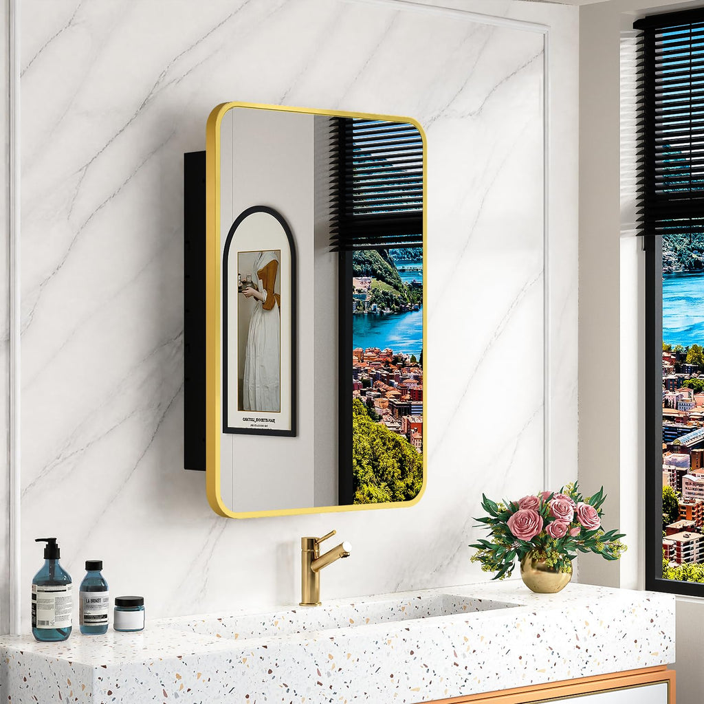 16x24 Inch Mirror Medicine Cabinet Gold Metal Frame Bathroom Medicine Cabinet with Mirror Recessed or Wall Mounted