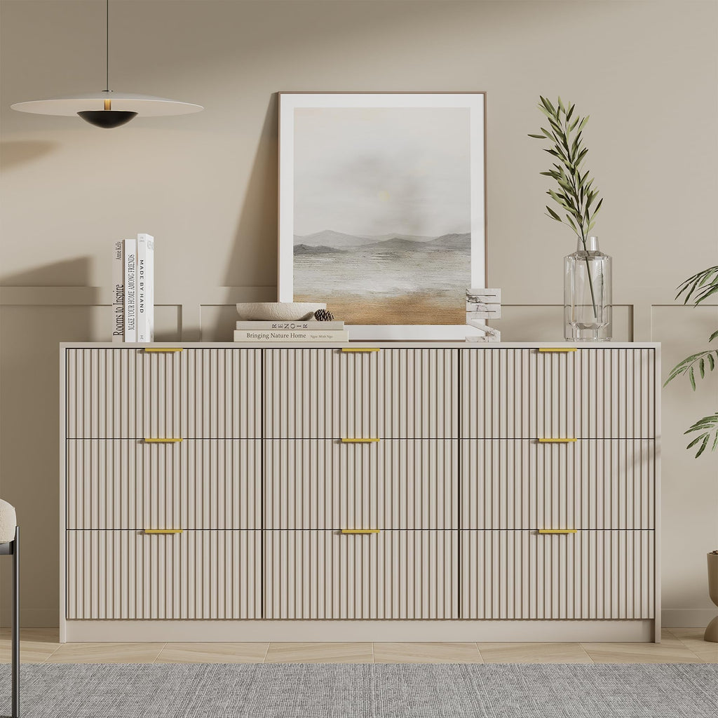 Beige 9 Drawer Dresser, 63" Wide Fluted Wood Dresser