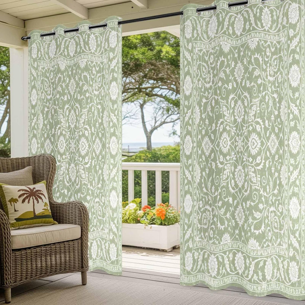 Outdoor Curtains 108 Inch Length, Sage Green Paisley Boho Waterproof Porch Curtain, 54" x 108" Abstract Art Floral