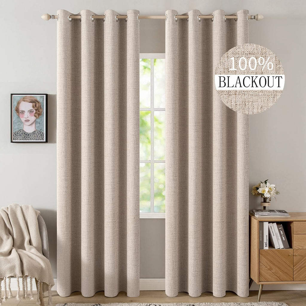 100% Blackout Linen Textured Curtains for Bedroom Solid Thermal Insulated Natural Beige Grommet Room Darkening