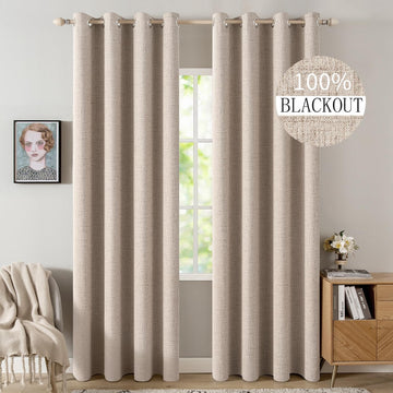 100% Blackout Linen Textured Curtains for Bedroom Solid Thermal Insulated Natural Beige Grommet Room Darkening
