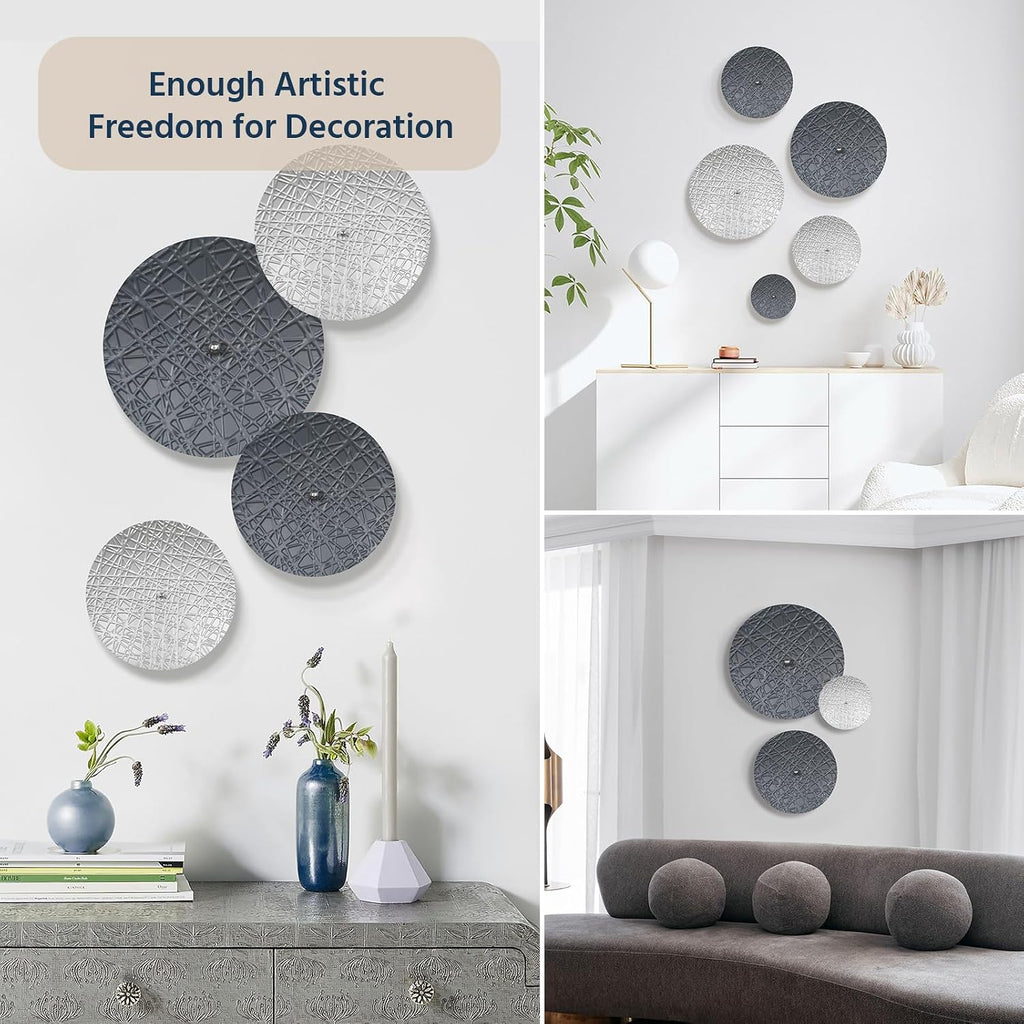 Silver and Gray Metal Wall Art Decor for Modern Living Room Hallway - Set of 7
