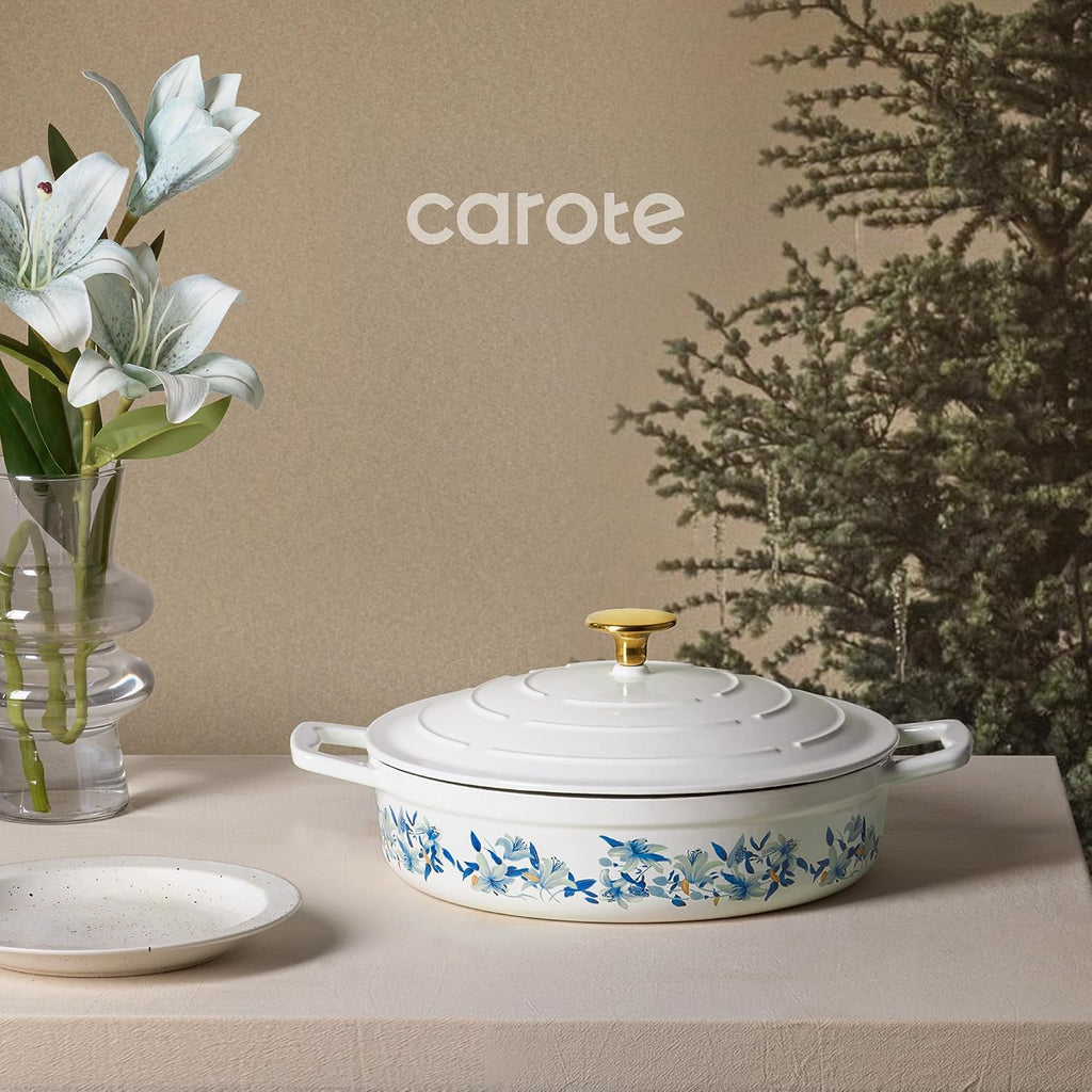 3.5QT Enameled Cast Iron Braiser Pan, Shallow Floral Dutch Oven Casserole Skillets, Non-Toxic Cast Iron Pot with Lid