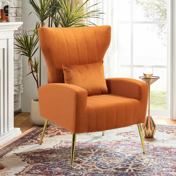 Modern Velvet Accent Chair Bedroom, Wingback Chair with Arm & Gold Legs, Guest Reception Side Chair with Lumbar