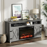 Farmhouse Fireplace TV Stand for TVs up to 65+ Inches, Entertainment Center with Storage Cabinets, Barn Doors and Shelves, Gray Wash