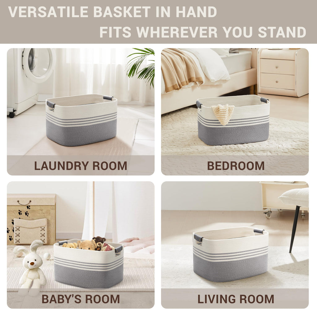 45L Small Woven Laundry Basket Hamper with Leather Handles,Grey