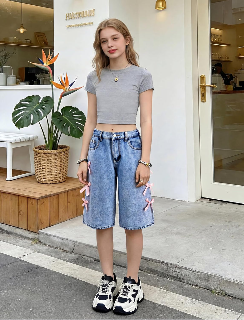 Girls Jean Shorts Baggy Jorts Elastic Waist Denim Shorts