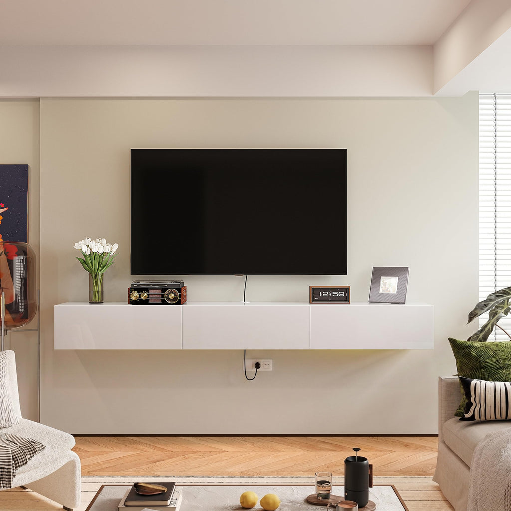 55'' Floating TV Stand, High Gloss Wall Mounted TV Console, White