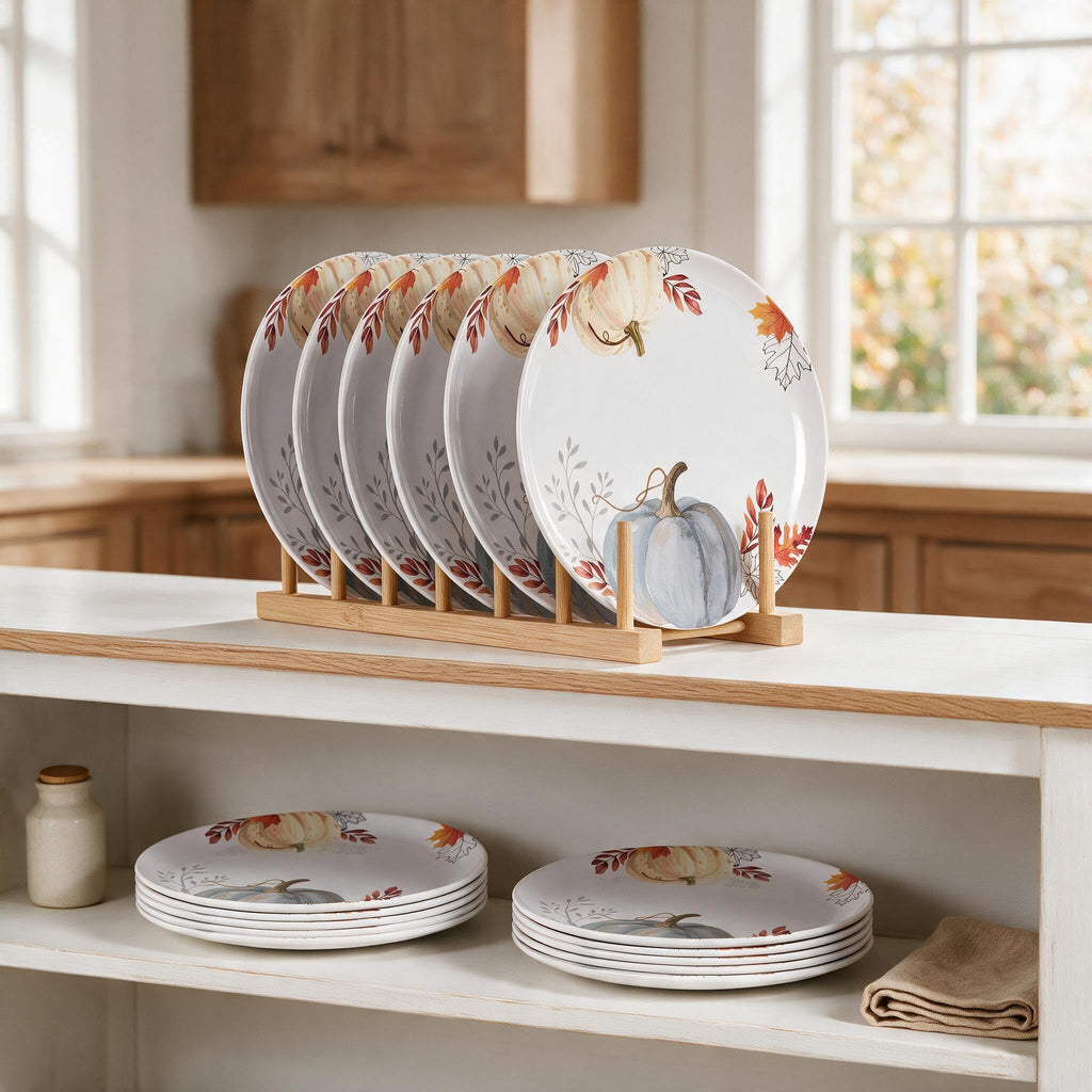 Melamine Dinner Plates, Set of 12, 10.5 Inch Fall Plates, Pumpkin Design