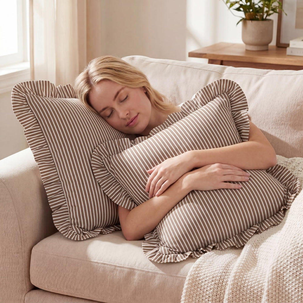 2 Pack Brown White Striped Ruffle Pillow Covers 18x18