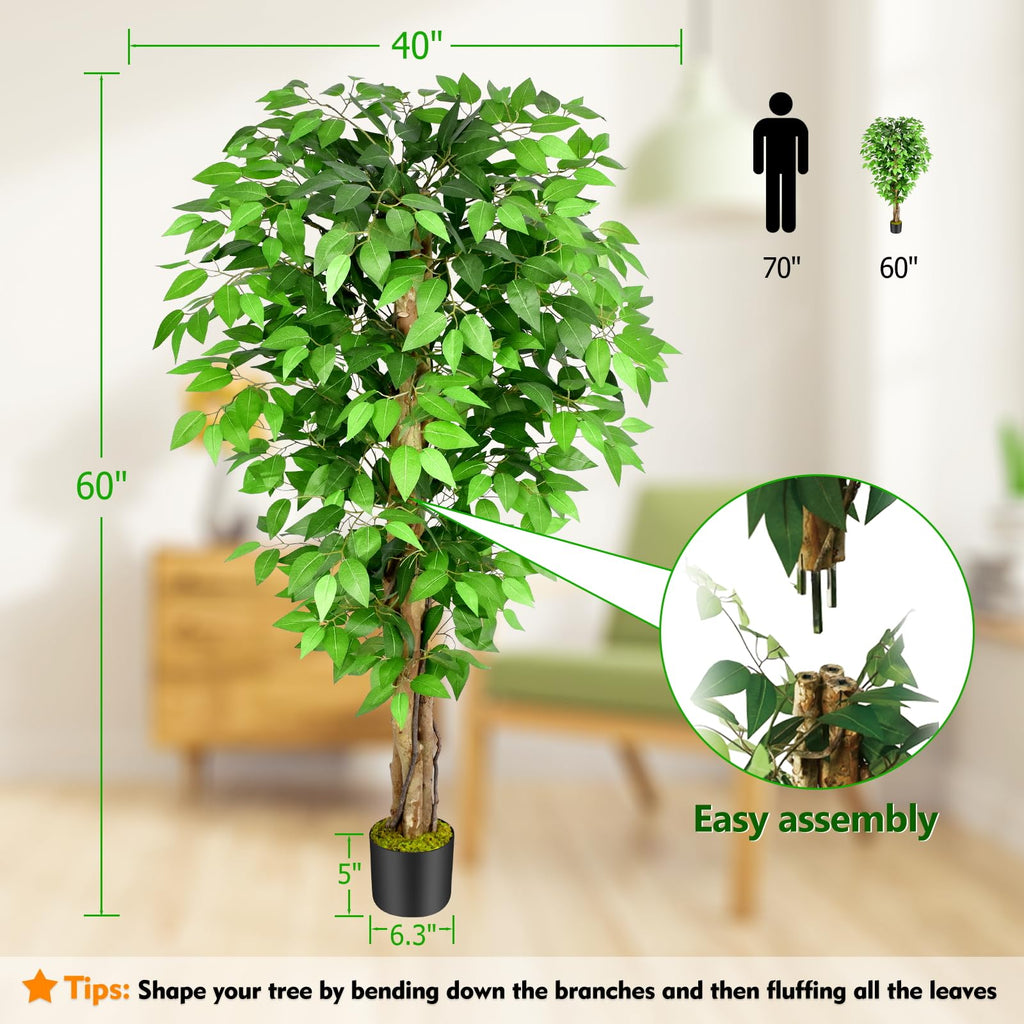 5ft Ficus Artificial Trees with Natural Curved Trunks, 60" Tall Lush Faux Tree Decor Indoor, Green Lifelike Fake