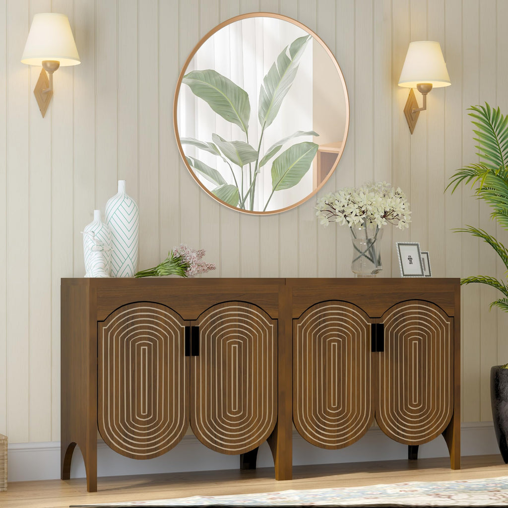 Fluted Sideboard Cabinet with Storage, Buffet Cabinet with Adjustable Shelves, Accent Storage Cabinets with Carved Arc