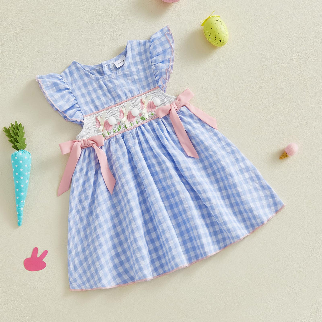 Toddler Little Girl Easter Dress Bunny Carrot Fly Sleeve Plaid Smocked Dresses Easter Baby Girl Clothes (Blue Rabbit
