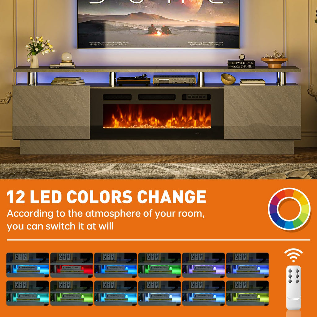 80", Modern Entertainment Center & 36 Inch Electric Fireplace with Remote Control, LED Light, Fire Place Tv Stand