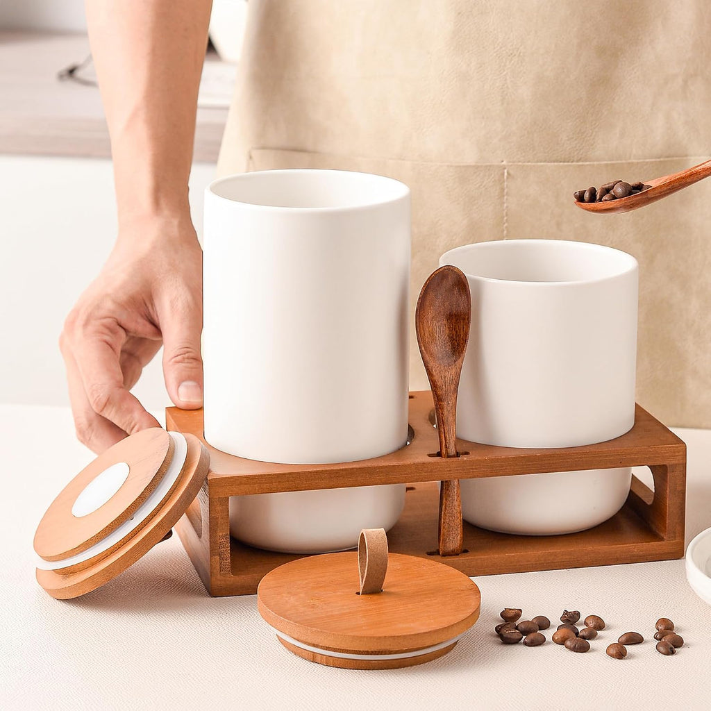 White Ceramic Canister with Bamboo Lids, Wooden Stand & Spoons - 35oz & 28oz Airtight Food Storage Jars - Set of 2