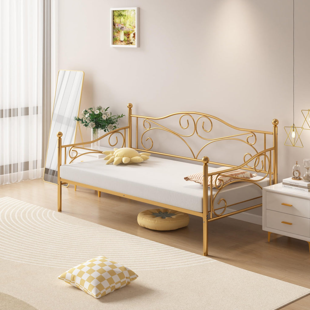 Twin Size Daybed Frame Metal Sofa Bed Mattress Foundation with Headboard, Heavy-Duty Steel Slat Support Living/Guest