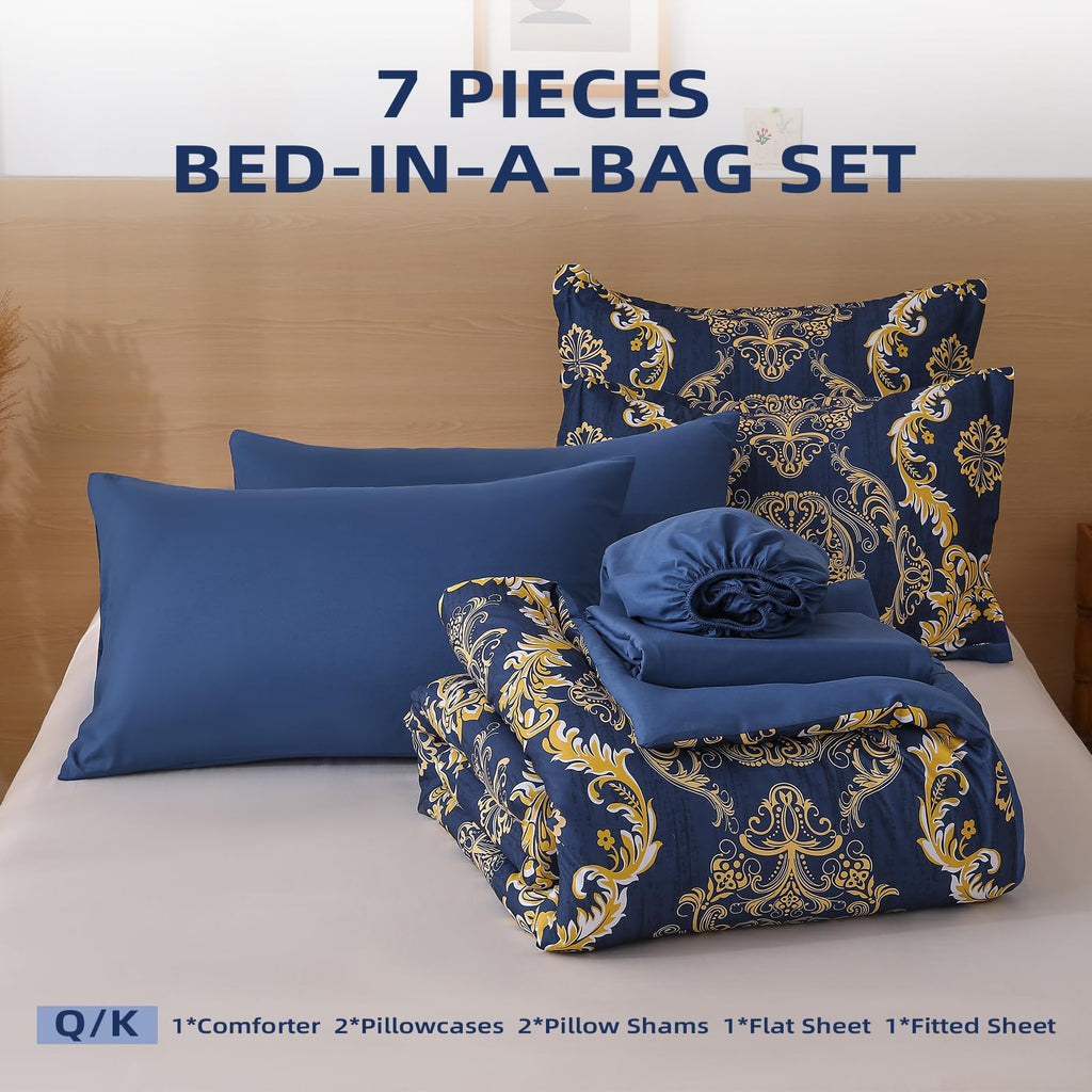 Blue Gold Comforter Set King Size, Damask Texture 7 Pieces Bed in a Bag Microfiber Comforter Bedding Sets -1