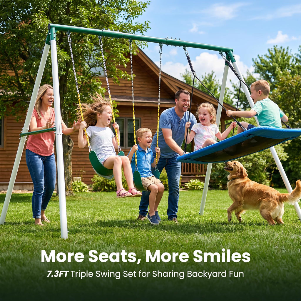 7.3ft Tall Swingset for Backyard with 3 Swings (White & Green)